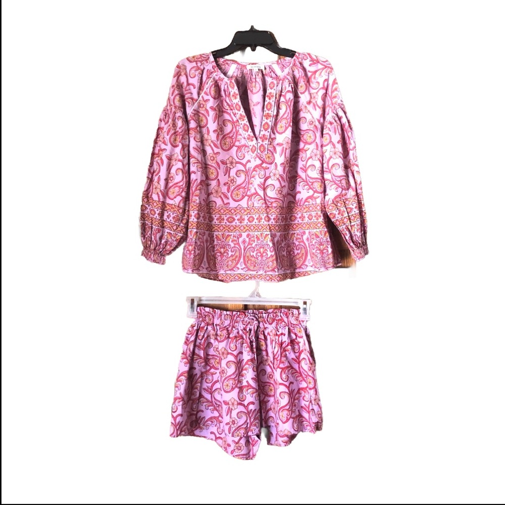 BOTEH Bohemian Boho Chic Pink Floral Embroidered Beaded Top & Shorts Set - 1